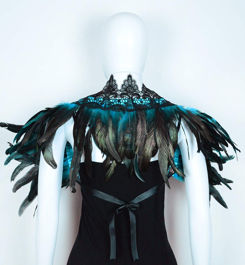L'VOW Black Crow Feather Cape Shawl Stand Up Collar Halloween Devil Wings Witch Costume (Acid blue) - Image 5